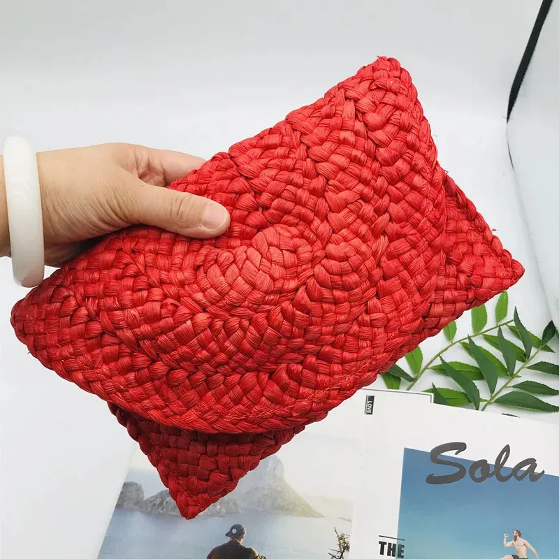 Women Flap Envelope Bags Fashion Summer Beach Bag Handmade Wallet Straw Knitted Handbag Lady Coin Phone Long Purse Clutches