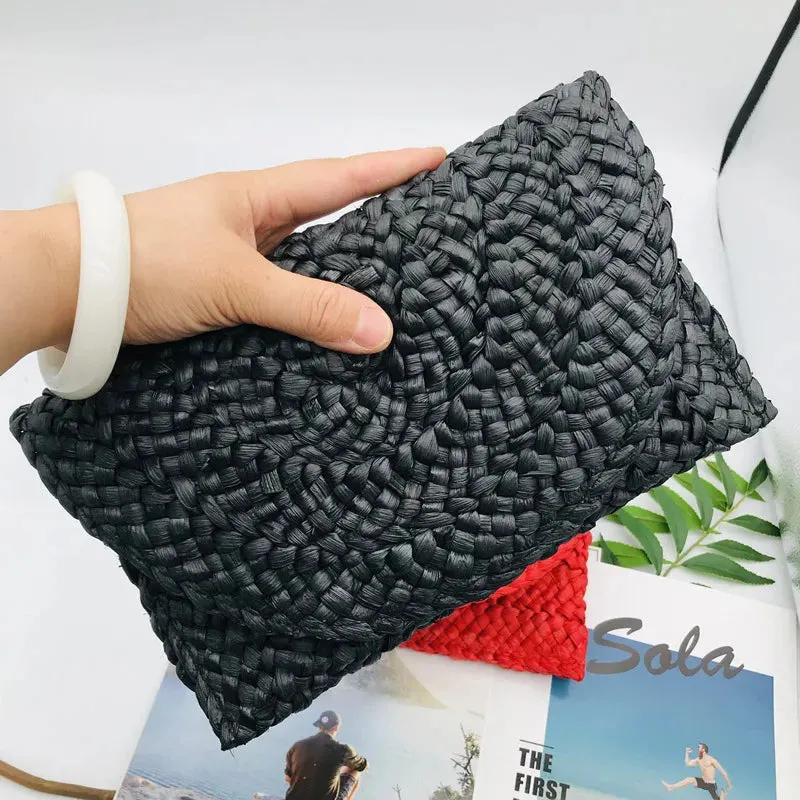 Women Flap Envelope Bags Fashion Summer Beach Bag Handmade Wallet Straw Knitted Handbag Lady Coin Phone Long Purse Clutches