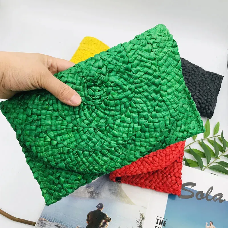 Women Flap Envelope Bags Fashion Summer Beach Bag Handmade Wallet Straw Knitted Handbag Lady Coin Phone Long Purse Clutches