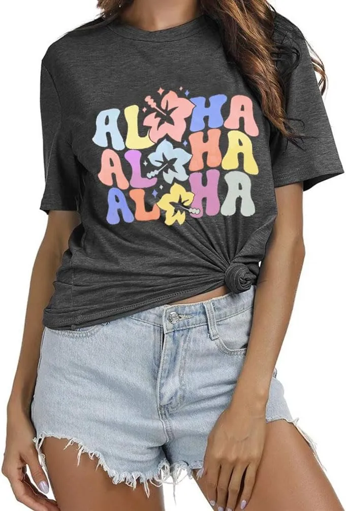 Women Hawaiian Shirt Summer Vacation Tee Floral Tropic Graphic Top Beach Cruise Party Tshirt Athletic Outfit