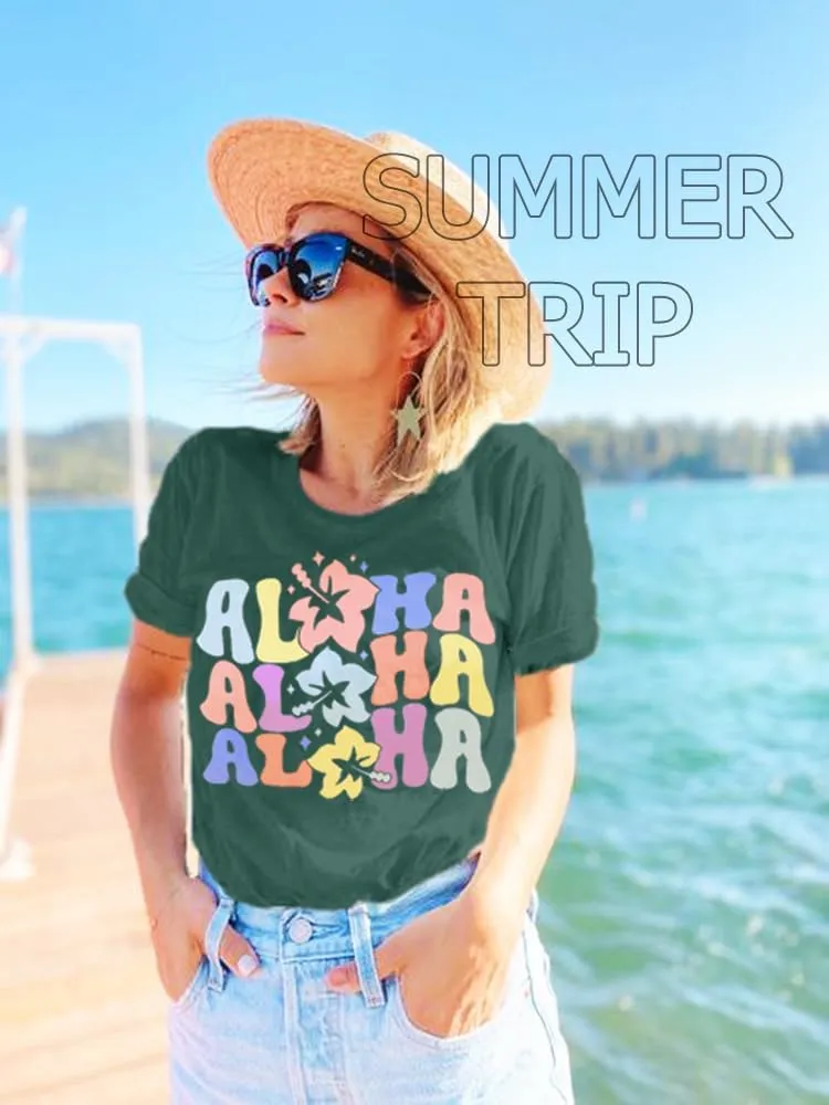 Women Hawaiian Shirt Summer Vacation Tee Floral Tropic Graphic Top Beach Cruise Party Tshirt Athletic Outfit