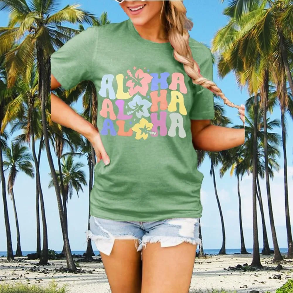 Women Hawaiian Shirt Summer Vacation Tee Floral Tropic Graphic Top Beach Cruise Party Tshirt Athletic Outfit