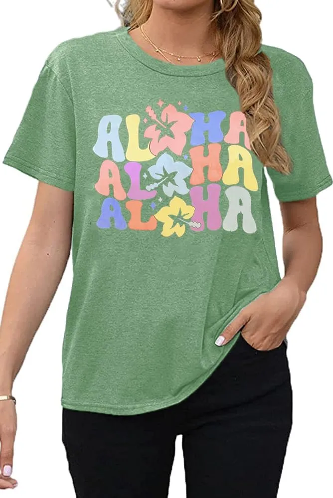 Women Hawaiian Shirt Summer Vacation Tee Floral Tropic Graphic Top Beach Cruise Party Tshirt Athletic Outfit