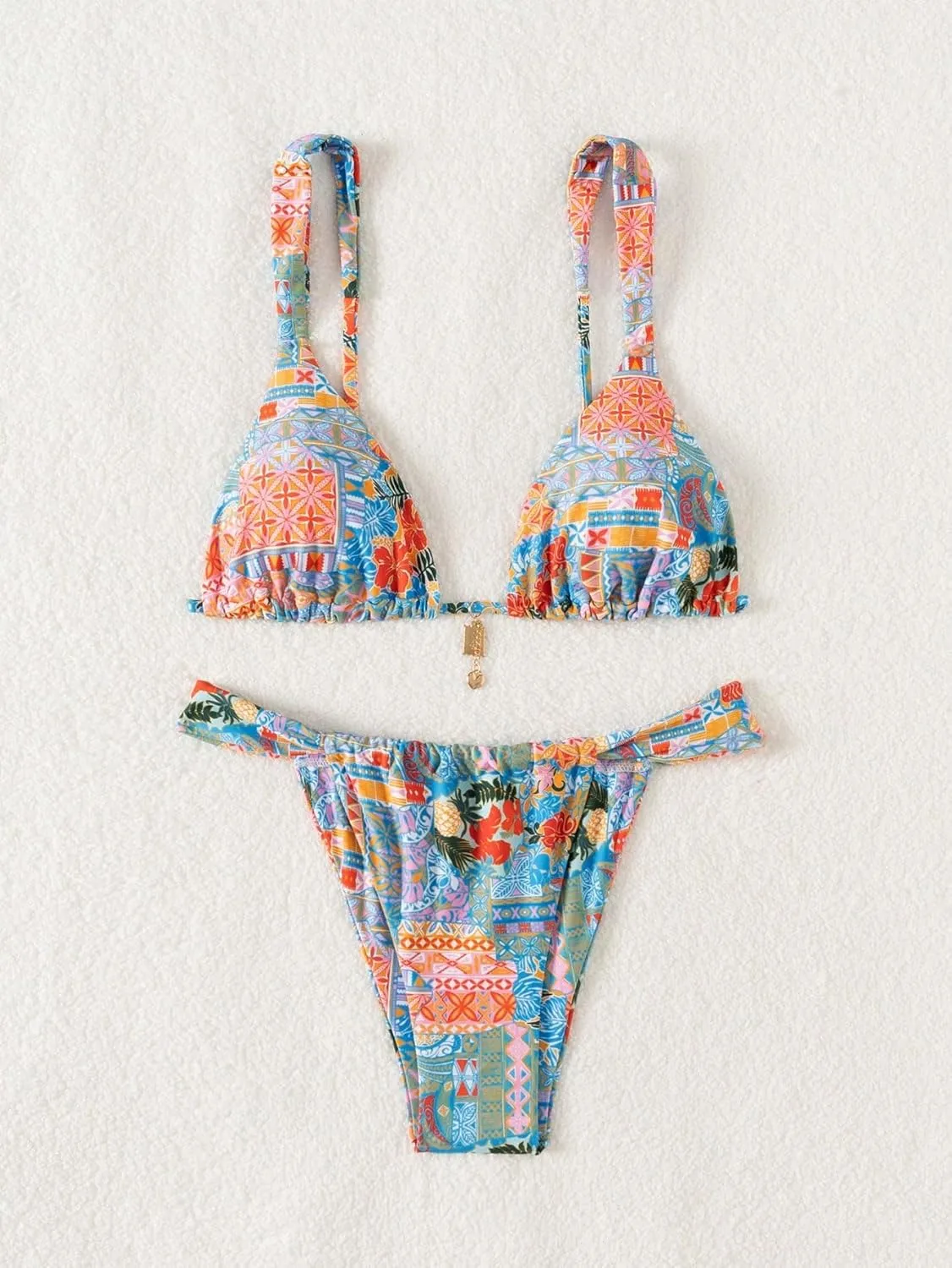 Women's 2 Piece Floral Tropical Print Bikini Set Boho Triangle Bathing Suit Tie Backless Swimsuit Sets