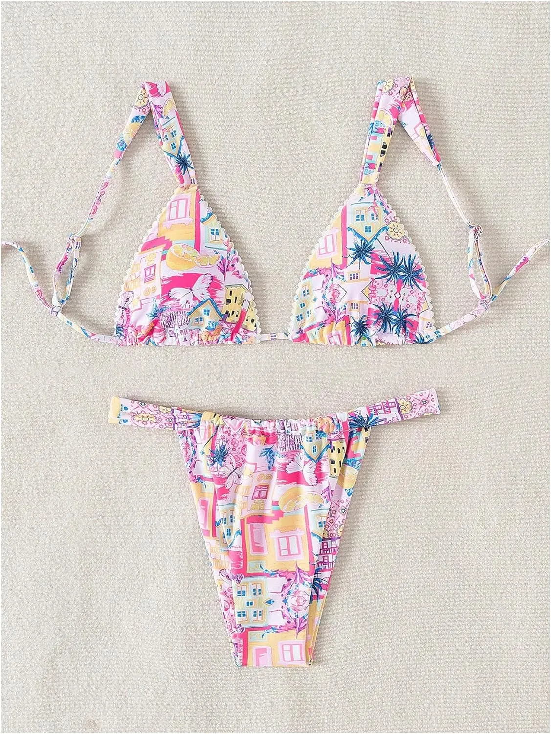 Women's High Waisted Bikini Set Floral Print Spaghetti Strap Smocked Wireless Bathing Suit Swimsuit 2 Piece Set