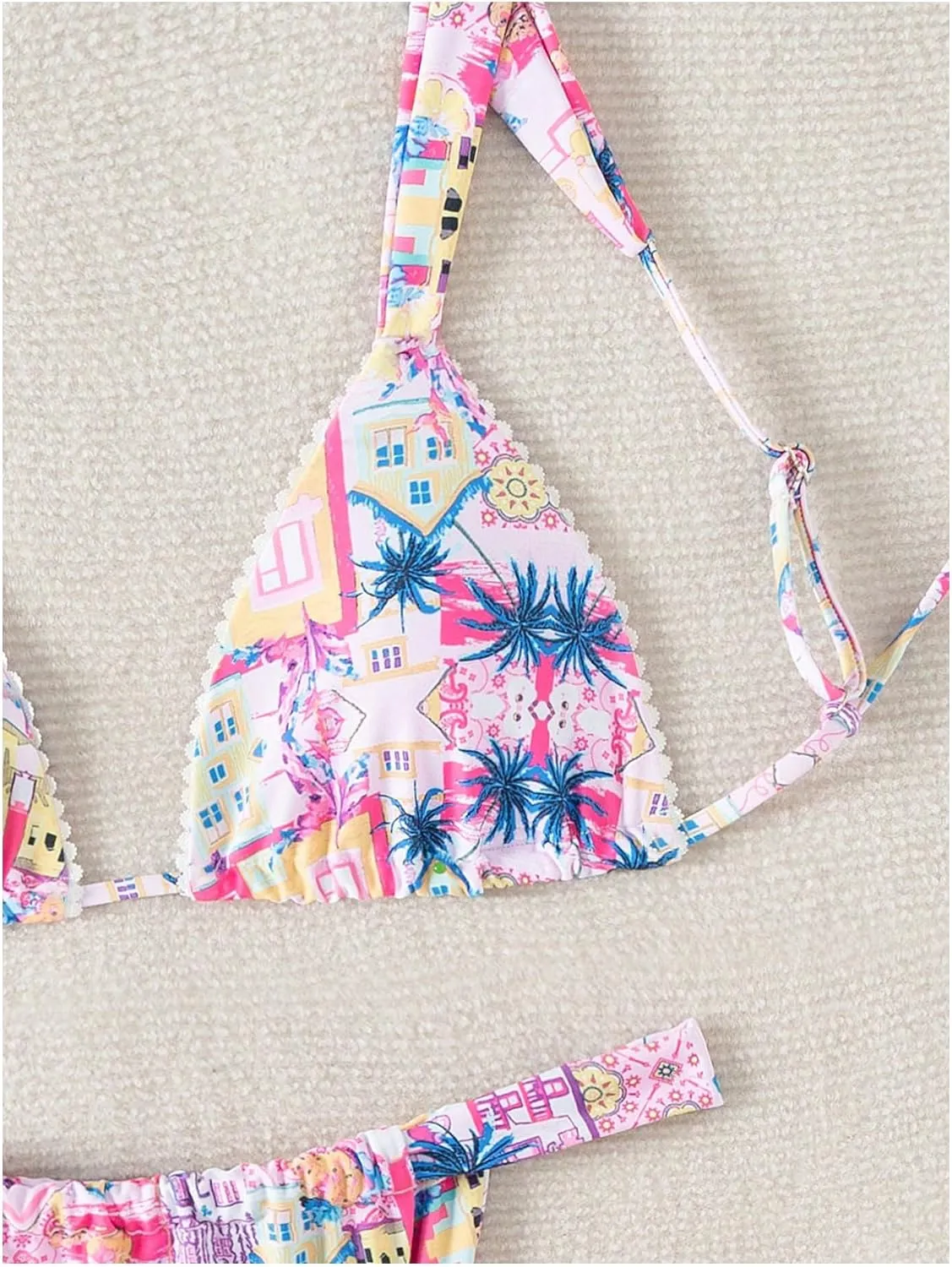 Women's High Waisted Bikini Set Floral Print Spaghetti Strap Smocked Wireless Bathing Suit Swimsuit 2 Piece Set