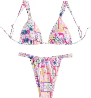 Women's High Waisted Bikini Set Floral Print Spaghetti Strap Smocked Wireless Bathing Suit Swimsuit 2 Piece Set