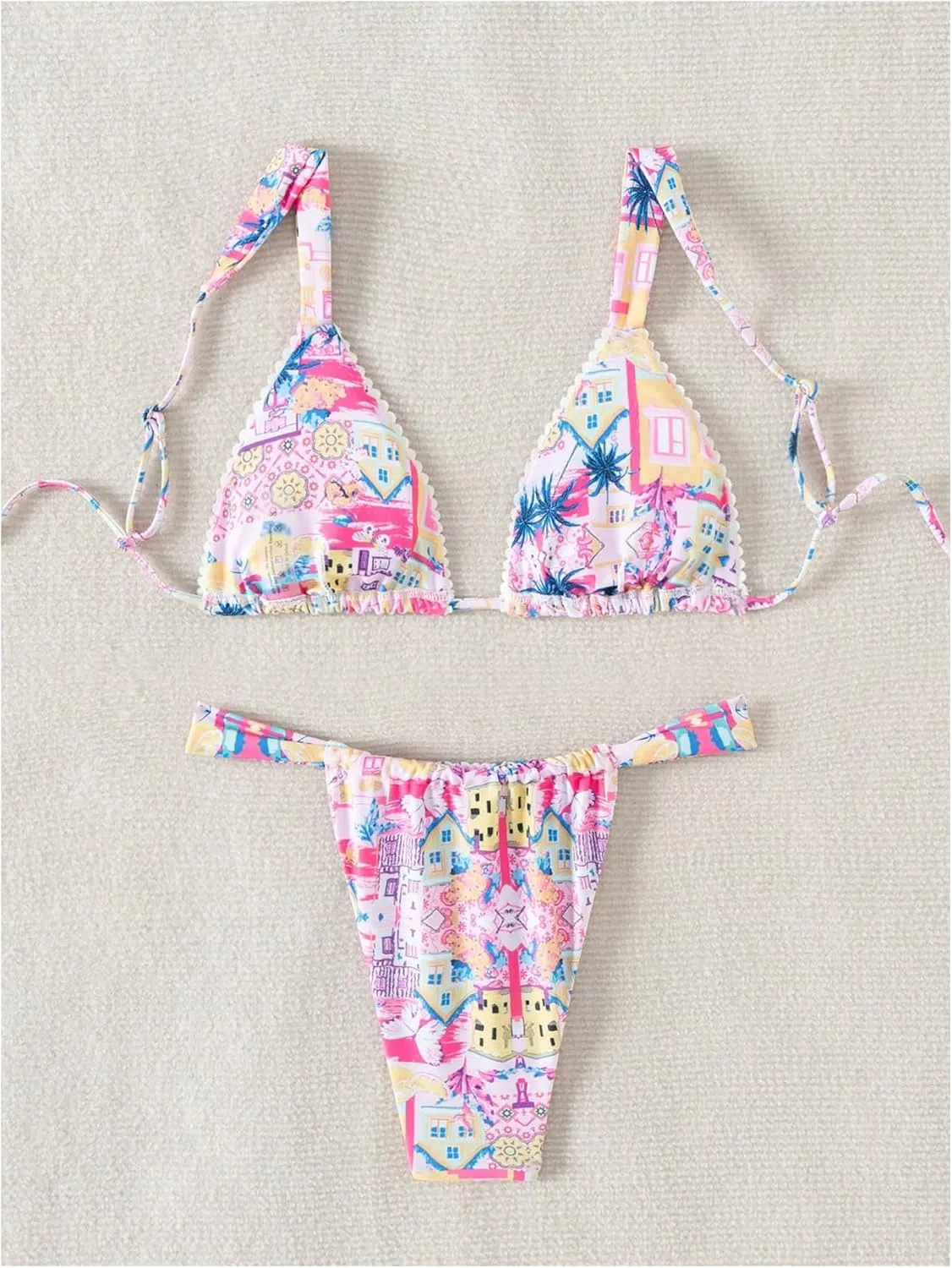 Women's High Waisted Bikini Set Floral Print Spaghetti Strap Smocked Wireless Bathing Suit Swimsuit 2 Piece Set