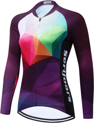 Women's Long Sleeve Cycling Jersey, Quick Dry Bike Top with Reflective Strip, Zipper and Pockets
