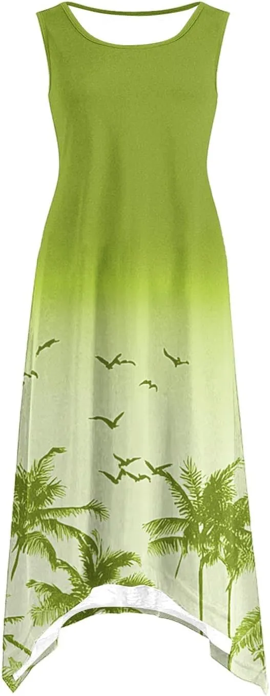 Women’s Palm Tree Print Sleeveless A-Line Dress Casual Summer Tunic with Ocean Gradient Design
