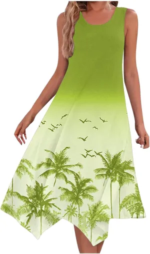 Women’s Palm Tree Print Sleeveless A-Line Dress Casual Summer Tunic with Ocean Gradient Design