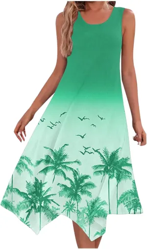 Women’s Palm Tree Print Sleeveless A-Line Dress Casual Summer Tunic with Ocean Gradient Design