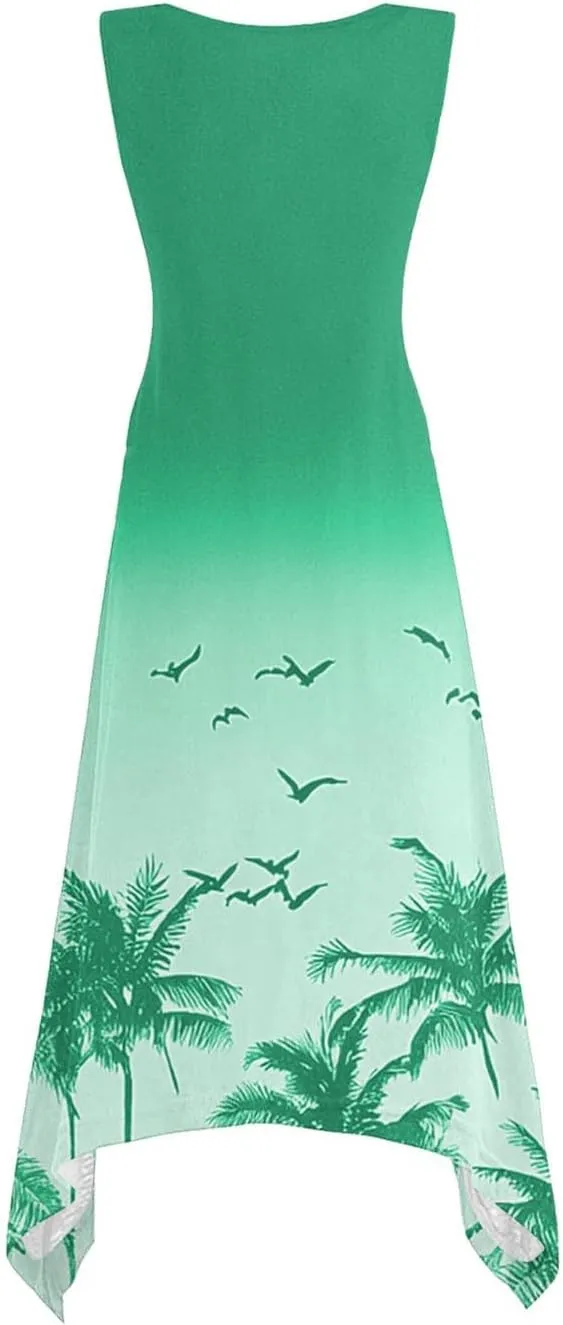Women’s Palm Tree Print Sleeveless A-Line Dress Casual Summer Tunic with Ocean Gradient Design
