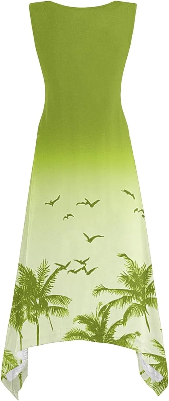 Women’s Palm Tree Print Sleeveless A-Line Dress Casual Summer Tunic with Ocean Gradient Design