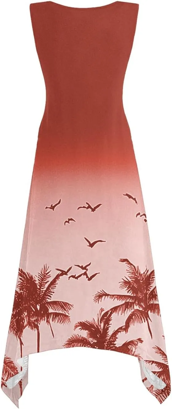 Women’s Palm Tree Print Sleeveless A-Line Dress Casual Summer Tunic with Ocean Gradient Design