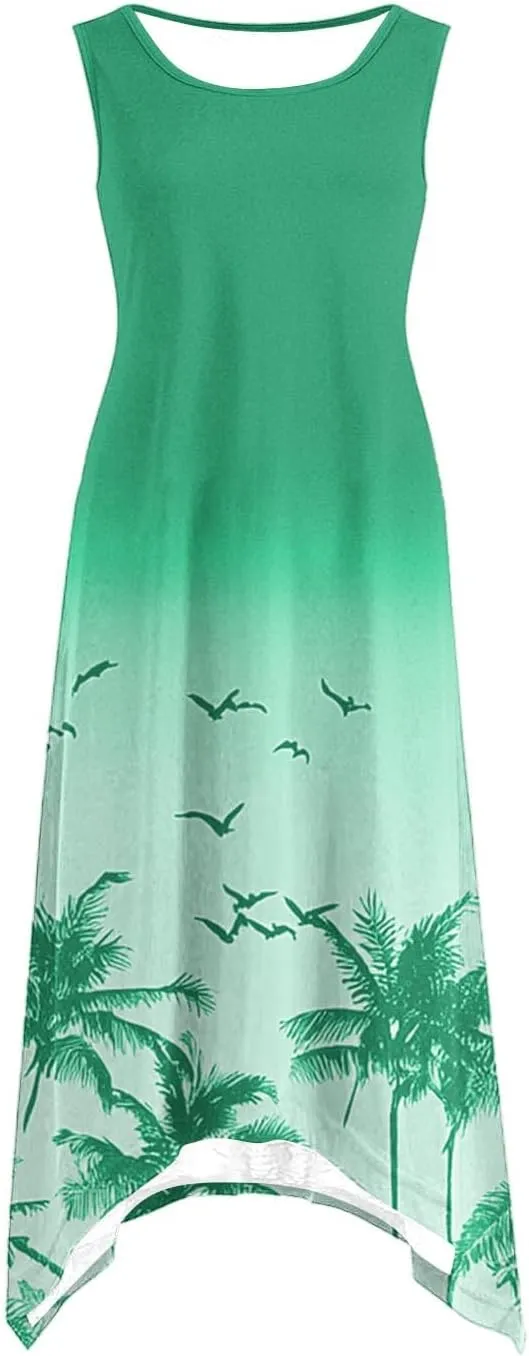Women’s Palm Tree Print Sleeveless A-Line Dress Casual Summer Tunic with Ocean Gradient Design