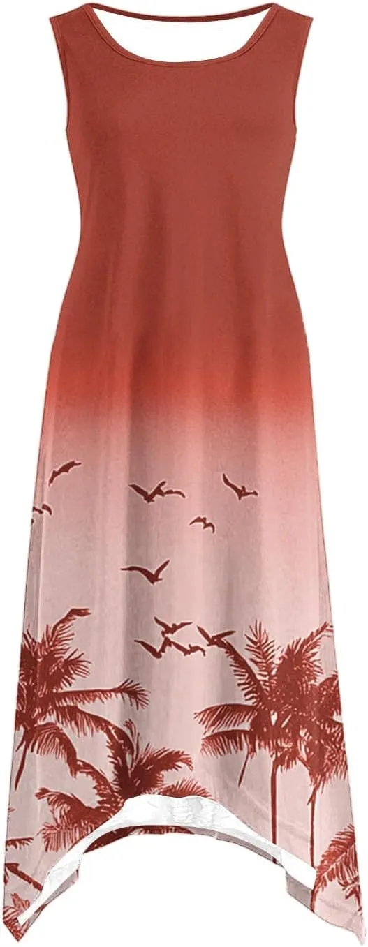 Women’s Palm Tree Print Sleeveless A-Line Dress Casual Summer Tunic with Ocean Gradient Design