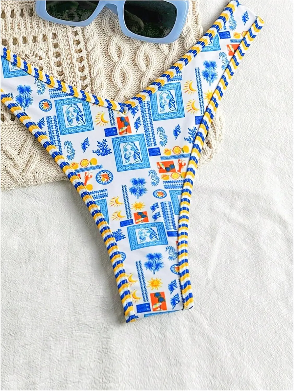 Women's Tropical Graphic High Cut Bikini Sets Spaghetti Strap Triangle Wireless Bathing Suit Swimsuit