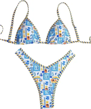 Women's Tropical Graphic High Cut Bikini Sets Spaghetti Strap Triangle Wireless Bathing Suit Swimsuit