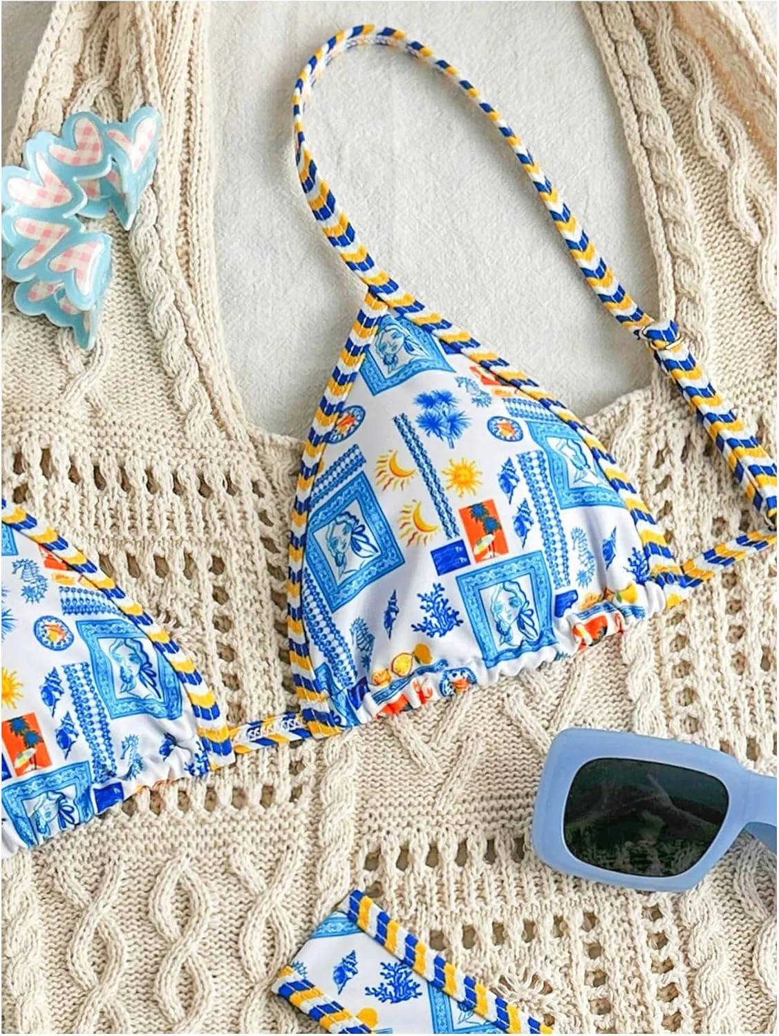 Women's Tropical Graphic High Cut Bikini Sets Spaghetti Strap Triangle Wireless Bathing Suit Swimsuit