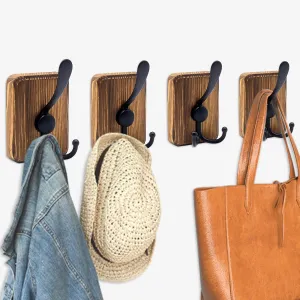 Wood Wall Hooks - 4-Pack Pine Coat Rack, Wall Mounted or Adhesive for Entryway, Mudroom, Bathroom - Farmhouse Decorative Pine Hangers for Towels, Hats, Keys, Purses, Bags, and Robes (Brown)