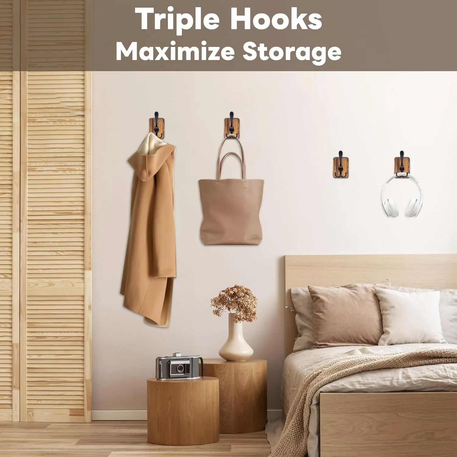 Wood Wall Hooks - 4-Pack Pine Coat Rack, Wall Mounted or Adhesive for Entryway, Mudroom, Bathroom - Farmhouse Decorative Pine Hangers for Towels, Hats, Keys, Purses, Bags, and Robes (Brown)