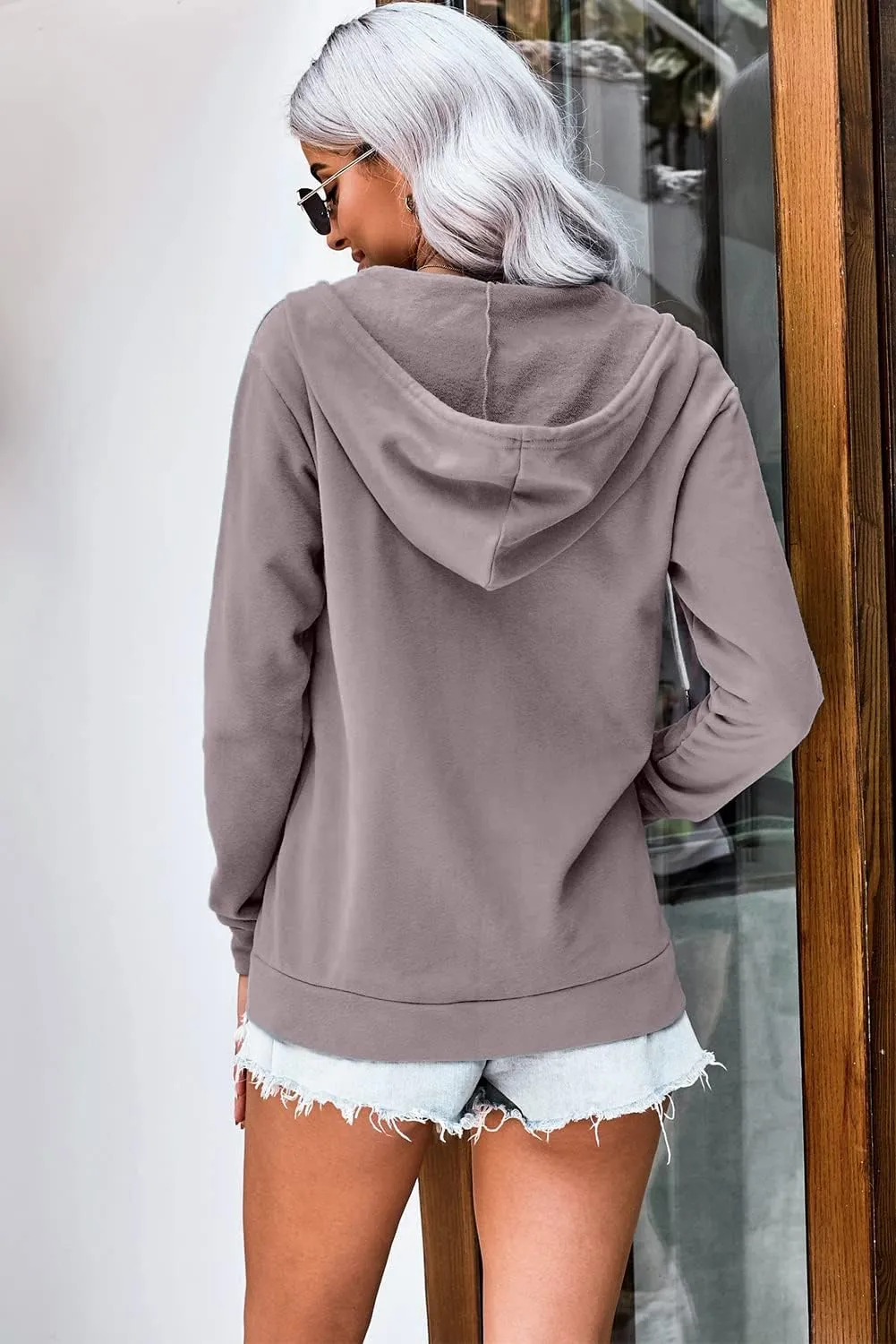 WROLEM Women Casual Full Zip Up Hoodie Comfy Loose Long Sleeve Sweatshirt Solid Color Jacket with Pockets
