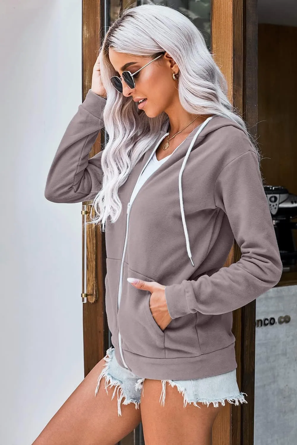 WROLEM Women Casual Full Zip Up Hoodie Comfy Loose Long Sleeve Sweatshirt Solid Color Jacket with Pockets
