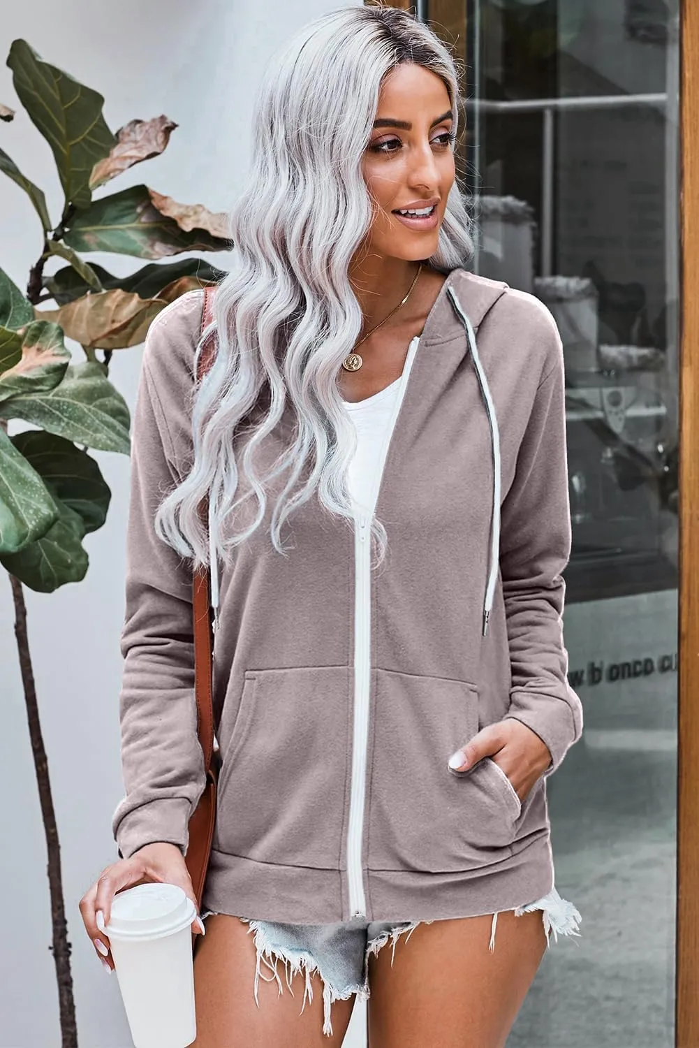 WROLEM Women Casual Full Zip Up Hoodie Comfy Loose Long Sleeve Sweatshirt Solid Color Jacket with Pockets
