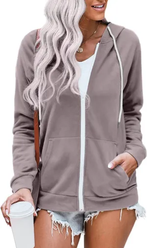 WROLEM Women Casual Full Zip Up Hoodie Comfy Loose Long Sleeve Sweatshirt Solid Color Jacket with Pockets