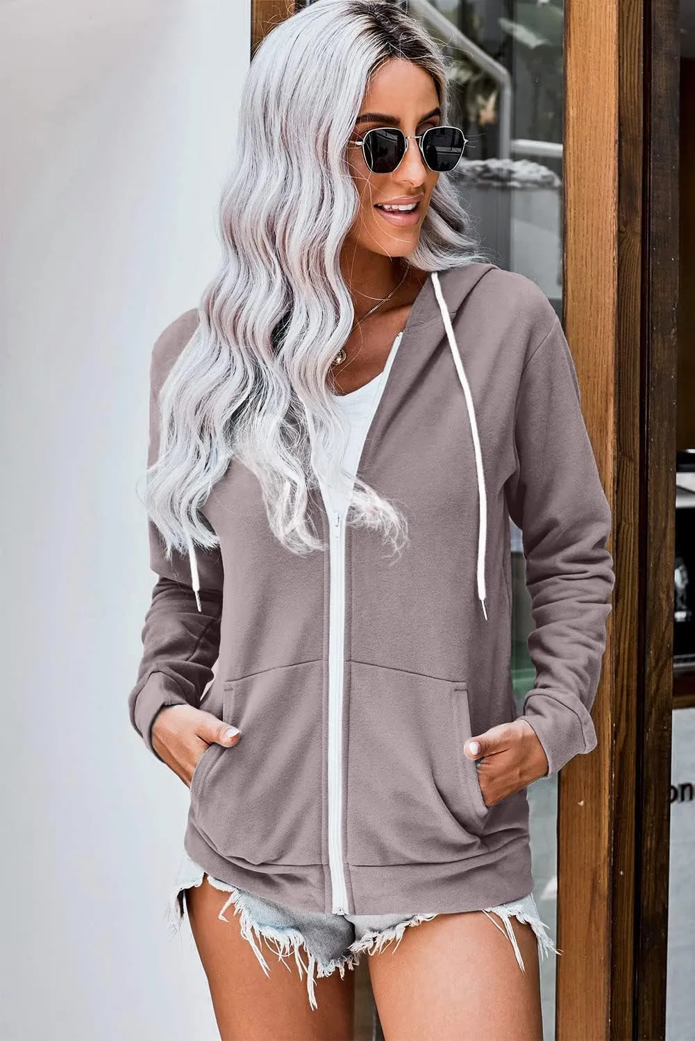 WROLEM Women Casual Full Zip Up Hoodie Comfy Loose Long Sleeve Sweatshirt Solid Color Jacket with Pockets