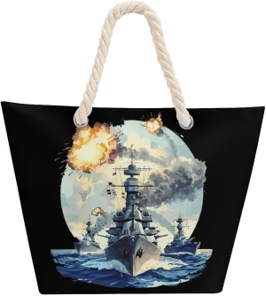 WW2 Warship Battleship Cruisers Naval Fleet Beach Bag Large Tote Bags Shopping Travel Gym Handbags with Rope Handles