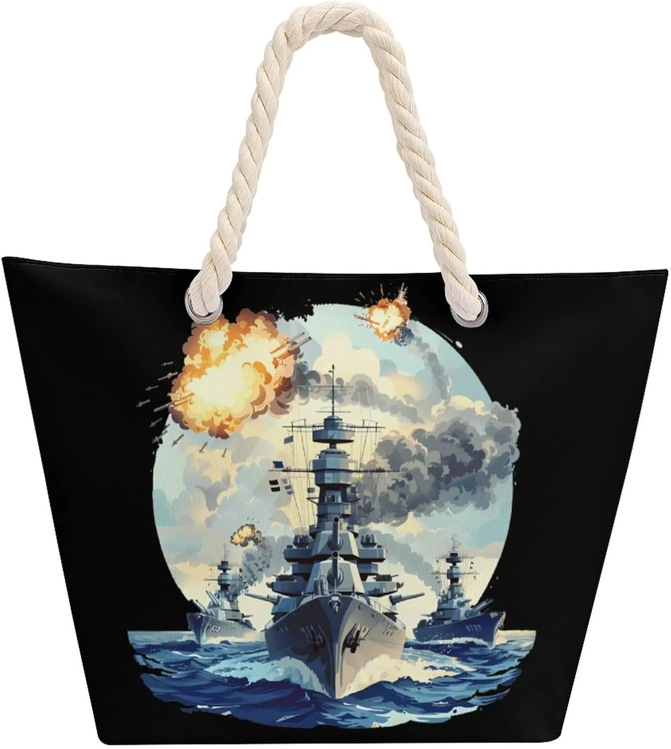WW2 Warship Battleship Cruisers Naval Fleet Beach Bag Large Tote Bags Shopping Travel Gym Handbags with Rope Handles