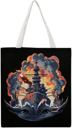 WW2 Warship Battleship Cruisers Naval Fleet Canvas Tote Bags Portable Shopping Grocery Bag Shoulder Handbag with Handles