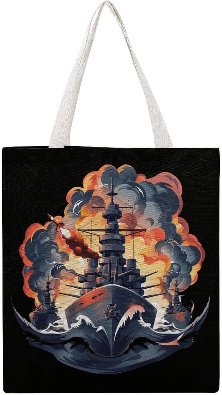 WW2 Warship Battleship Cruisers Naval Fleet Canvas Tote Bags Portable Shopping Grocery Bag Shoulder Handbag with Handles