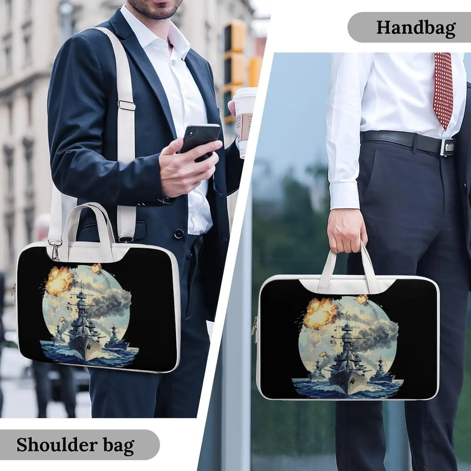 WW2 Warship Battleship Cruisers Naval Fleet Laptop Bag PU Leather Computer Tote Bag Carrying Case Messenger Bag with Handle