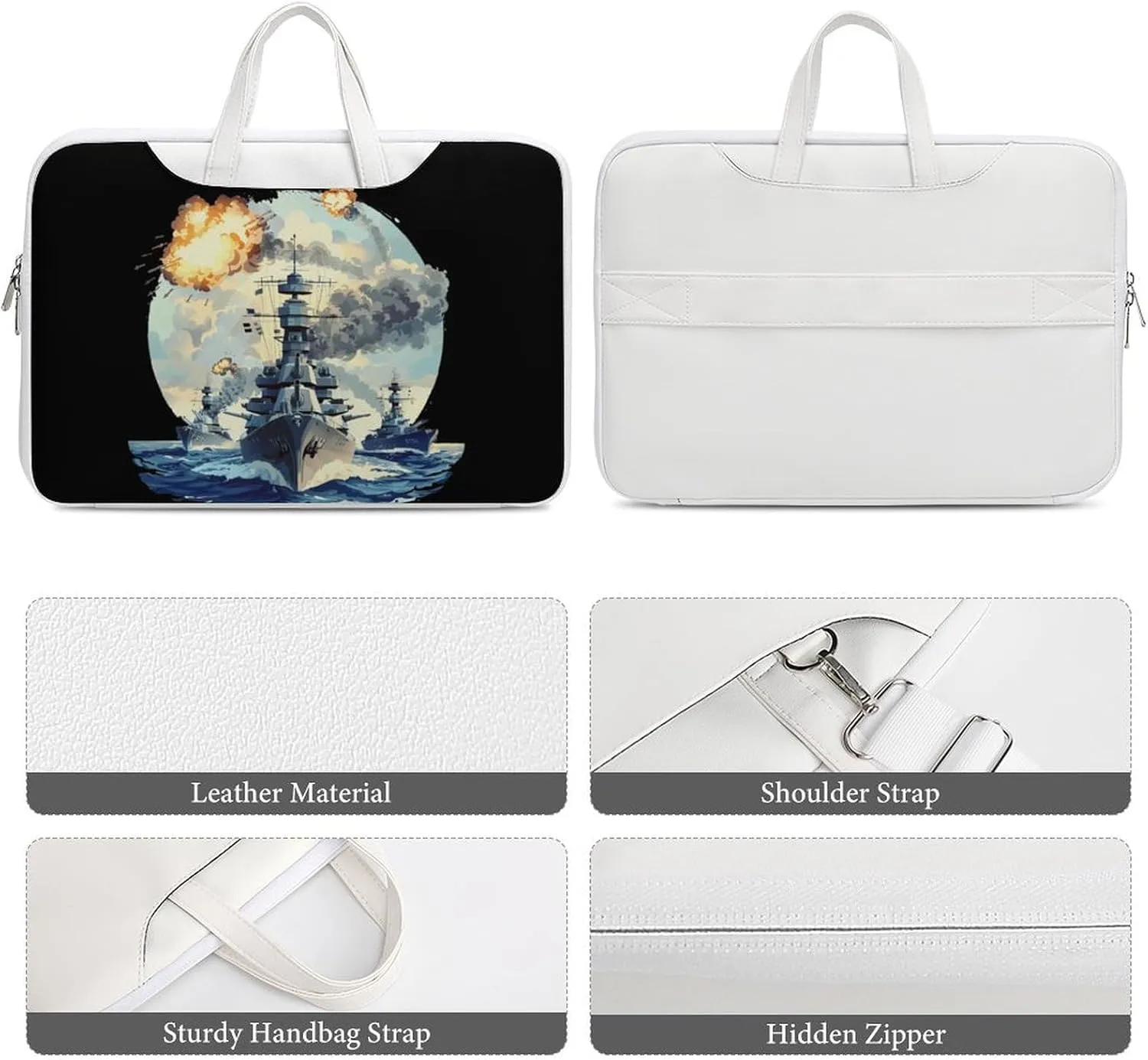 WW2 Warship Battleship Cruisers Naval Fleet Laptop Bag PU Leather Computer Tote Bag Carrying Case Messenger Bag with Handle