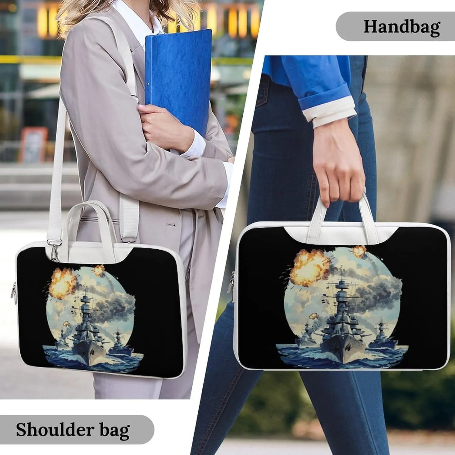 WW2 Warship Battleship Cruisers Naval Fleet Laptop Bag PU Leather Computer Tote Bag Carrying Case Messenger Bag with Handle