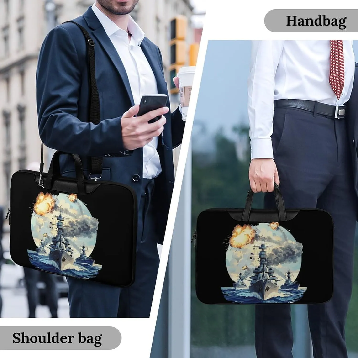 WW2 Warship Battleship Cruisers Naval Fleet Laptop Bag PU Leather Computer Tote Bag Carrying Case Messenger Bag with Handle