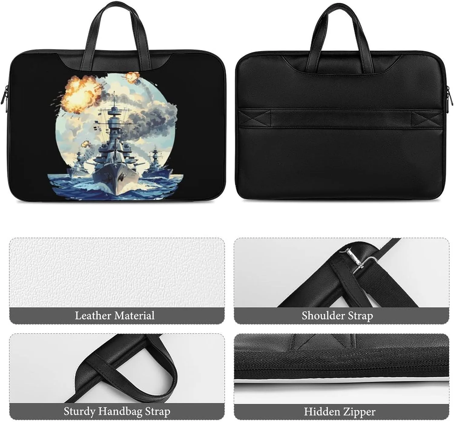 WW2 Warship Battleship Cruisers Naval Fleet Laptop Bag PU Leather Computer Tote Bag Carrying Case Messenger Bag with Handle