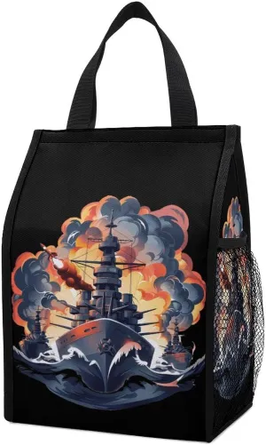 WW2 Warship Battleship Cruisers Naval Fleet Lunch Bag Foldable Lunch Box Leakproof Insulated Tote Bags for Office School