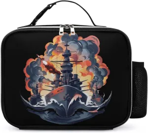 WW2 Warship Battleship Cruisers Naval Fleet PU Leather Lunch Bag Portable Lunch Box Tote Bag with Handle for Work School