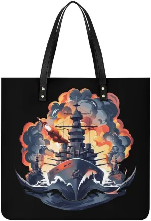 WW2 Warship Battleship Cruisers Naval Fleet Top Handle Satchel Handbags PU Leather Tote Bags Shoulder Bags for Women