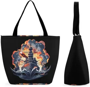 WW2 Warship Battleship Cruisers Naval Fleet Tote Bag for Women Reusable Beach Shoulder Bag Lightweight Grocery Bags Travel Handbag