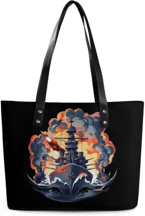 WW2 Warship Battleship Cruisers Naval Fleet Women Tote Bag PU Leather Handbags Top Handle Bag Fashion Shoulder Purses with Zippered