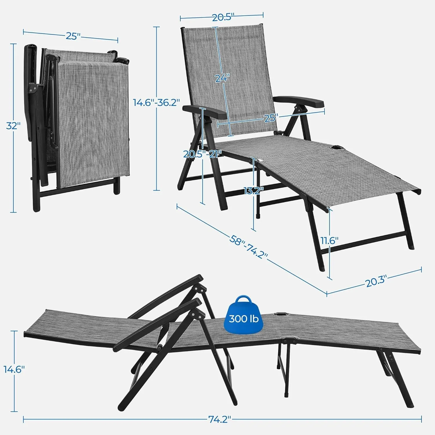 Yaheetech Outdoor Folding Chaise Lounge Set of 2 Patio Reclining Chairs w/Adjustable 7-Position Back for Beach Pool Garden Yard Deck Gray