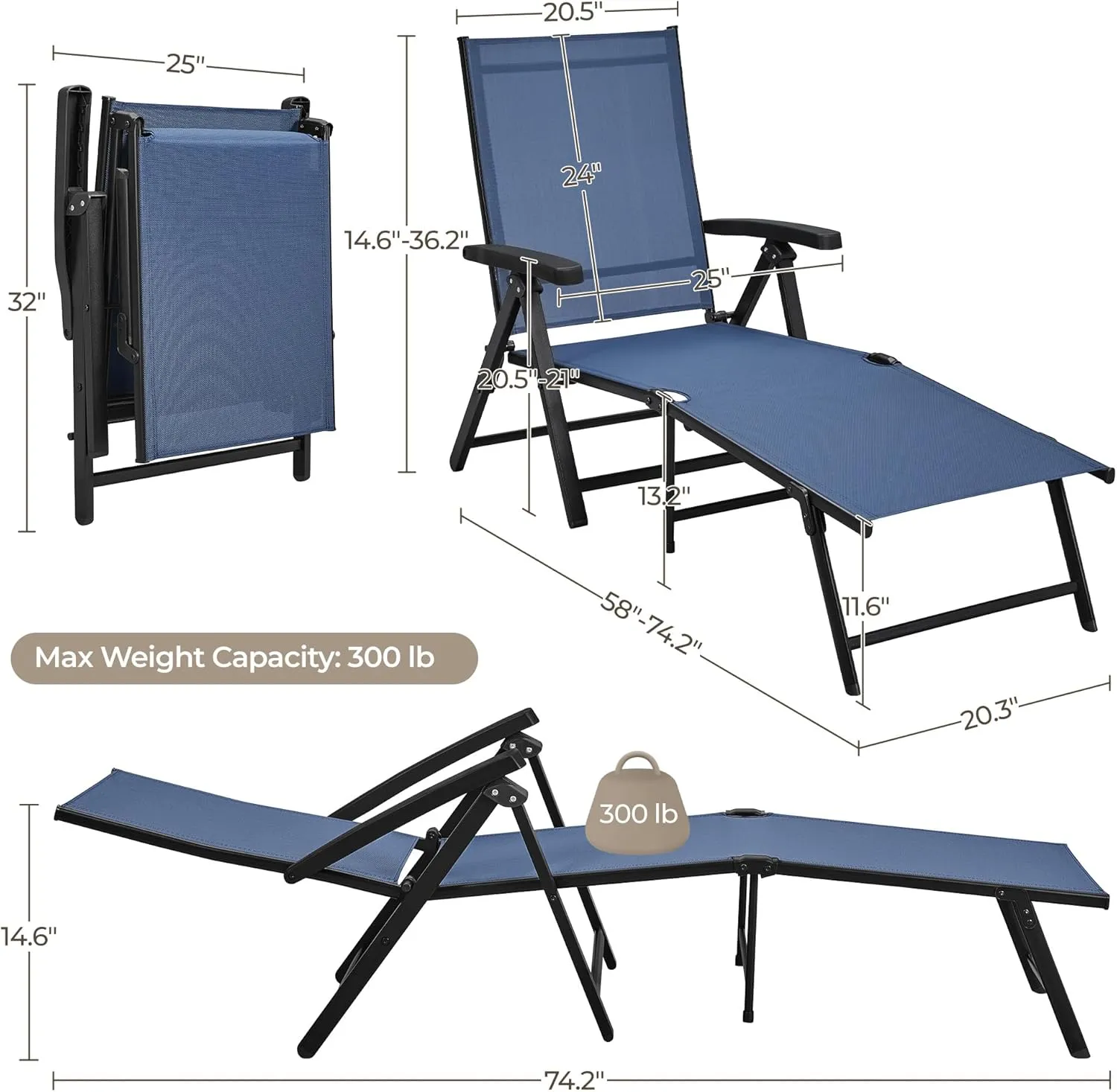 Yaheetech Outdoor Folding Chaise Lounge Set of 2 Patio Reclining Chairs w/Adjustable 7-Position Back for Beach Pool Garden Yard Deck Navy Blue
