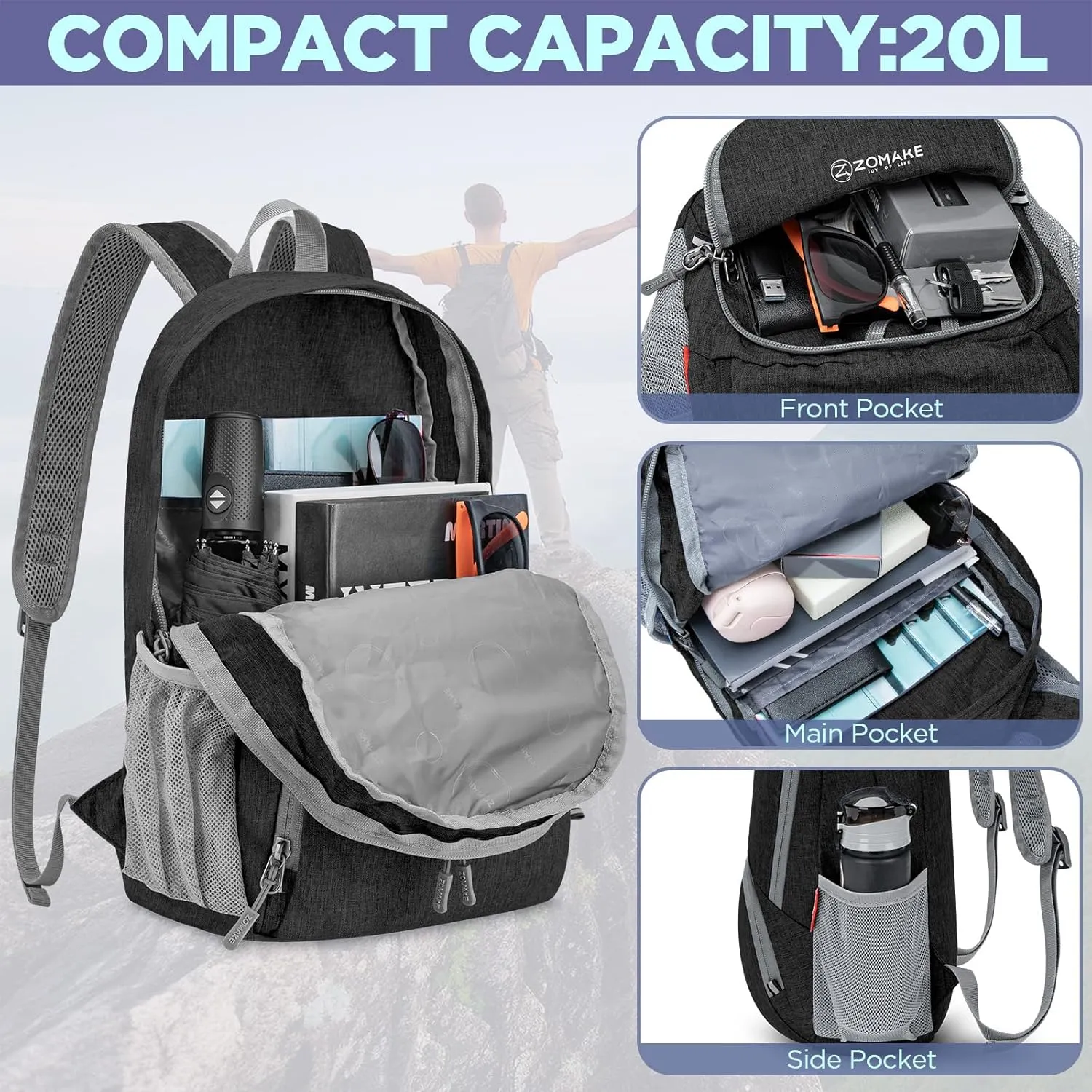 ZOMAKE 20L Lightweight Packable Hiking Backpack - Small Travel Hiking Daypack - Tear Resistant Foldable Day Pack for Camping