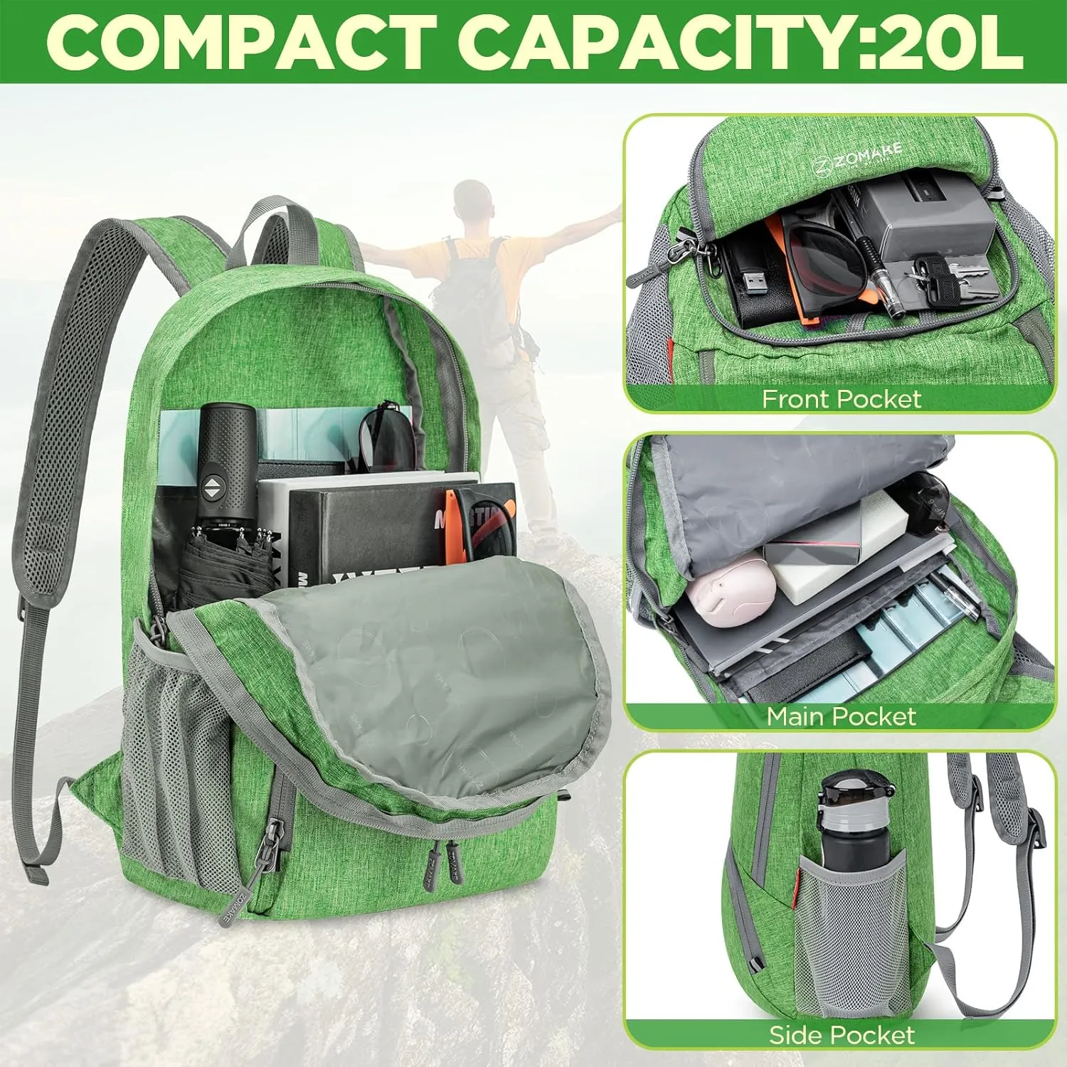 ZOMAKE 20L Lightweight Packable Hiking Backpack - Small Travel Hiking Daypack - Tear Resistant Foldable Day Pack for Camping