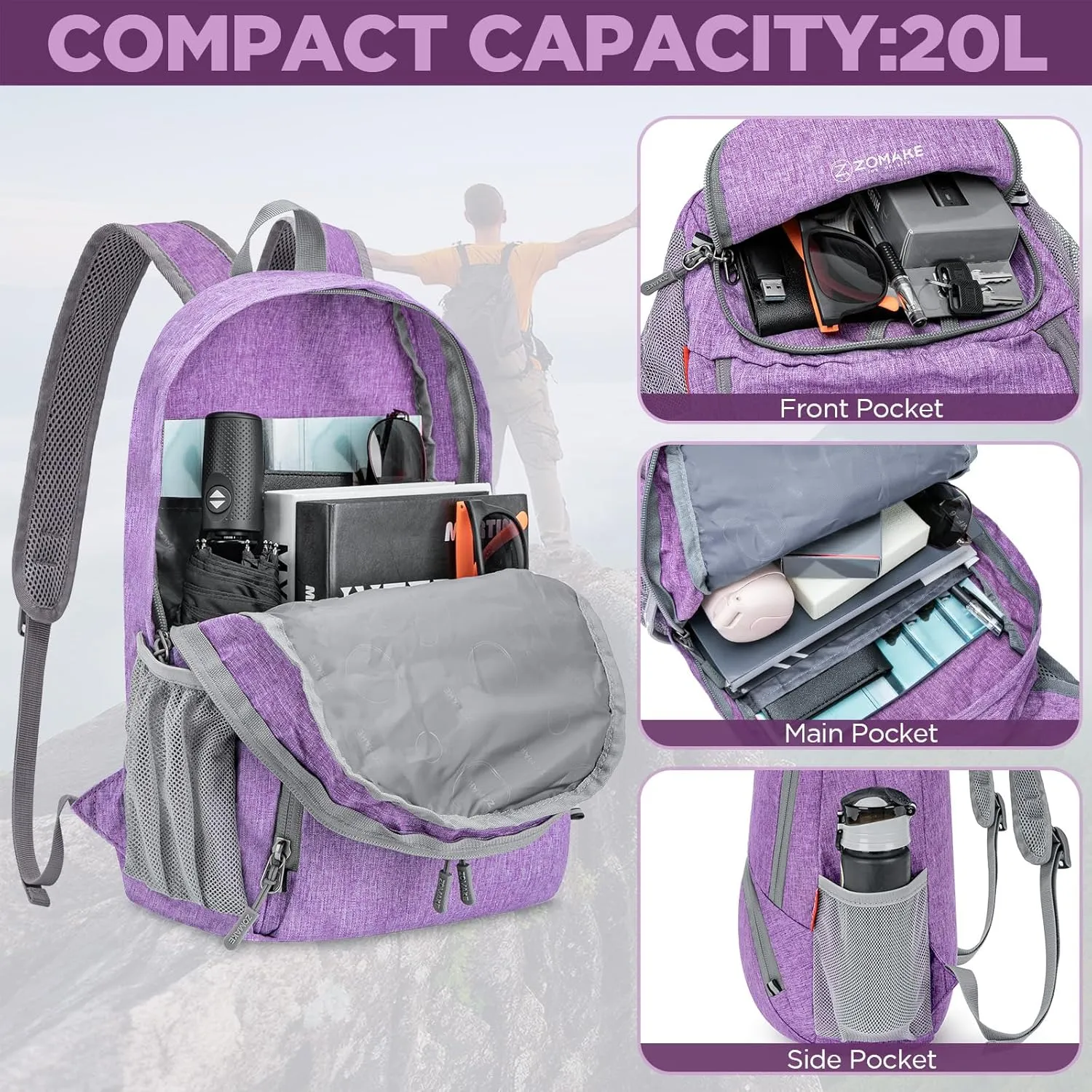 ZOMAKE 20L Lightweight Packable Hiking Backpack - Small Travel Hiking Daypack - Tear Resistant Foldable Day Pack for Camping